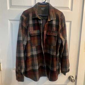 Jeremiah American Legacy orange Brown Gray Plaid Wool Blend Flannel Shacket Size